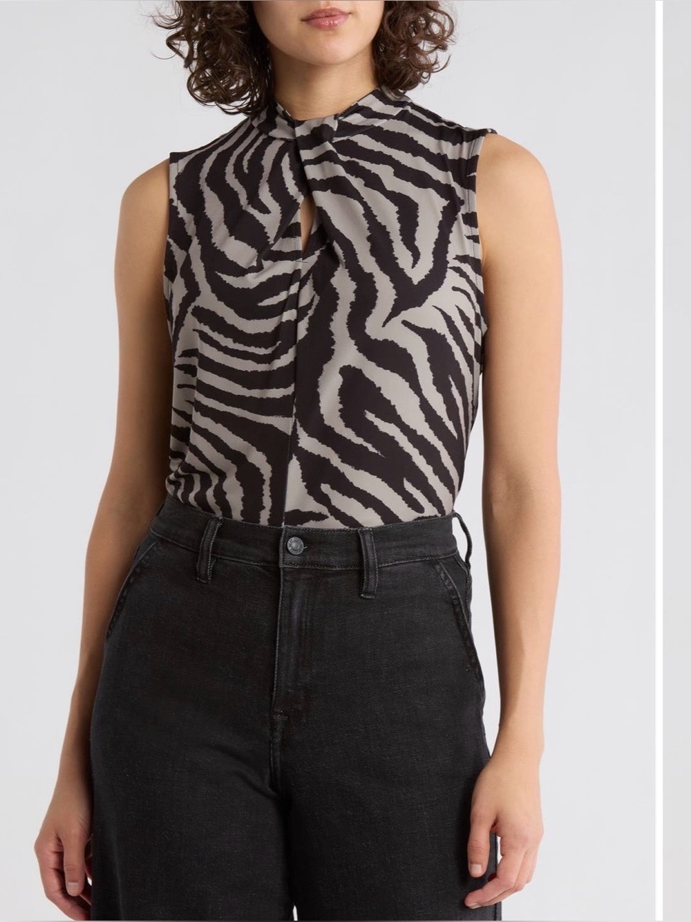 DKNY Black and grey Zebra Print Sleeveless key hole Blouse